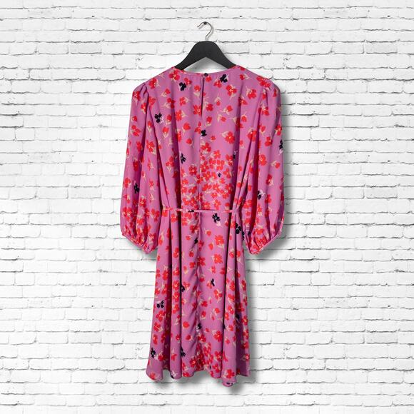 Ann Taylor Dress - Womens Medium - Pink Floral Long Sleeve Belted A-Line Midi - Picture 1 of 6